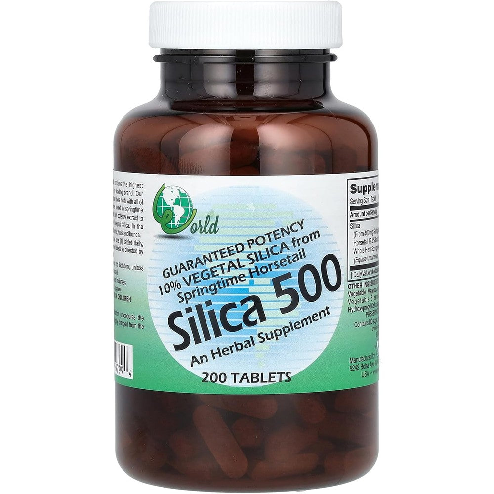 World Organic Silica 500mg 200 Tablets front view bottle for hair and skin health