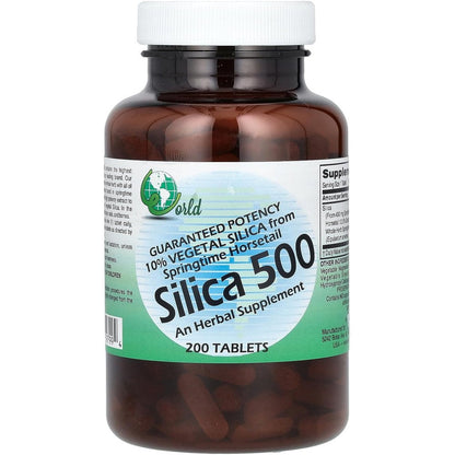 World Organic Silica 500mg 200 Tablets front view bottle for hair and skin health