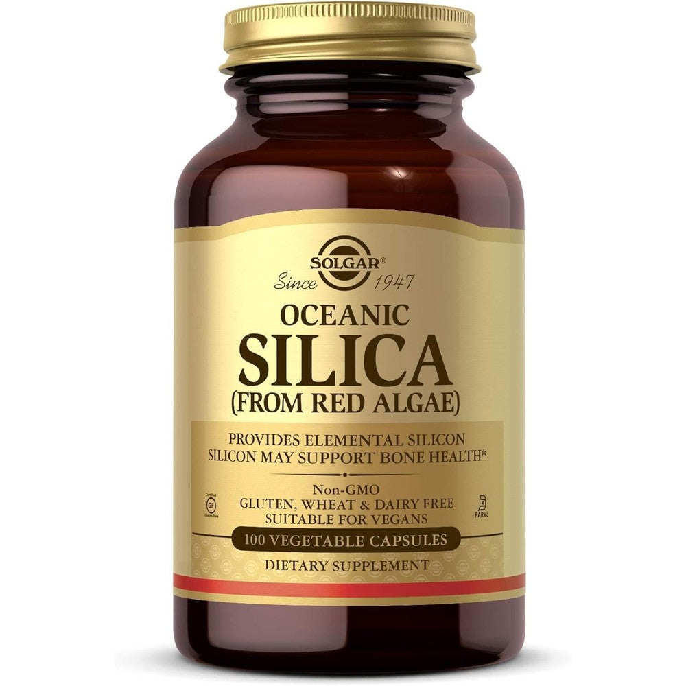Solgar Oceanic Silica from Red Algae 100 vegetable capsules front view bottle for bone strength