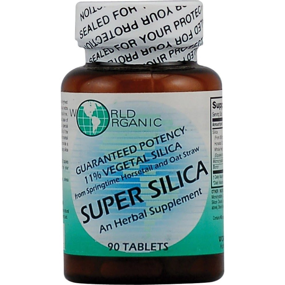 World Organic Super Vegetal Silica ninety dietary tablets front bottle view for hair skin and nail health