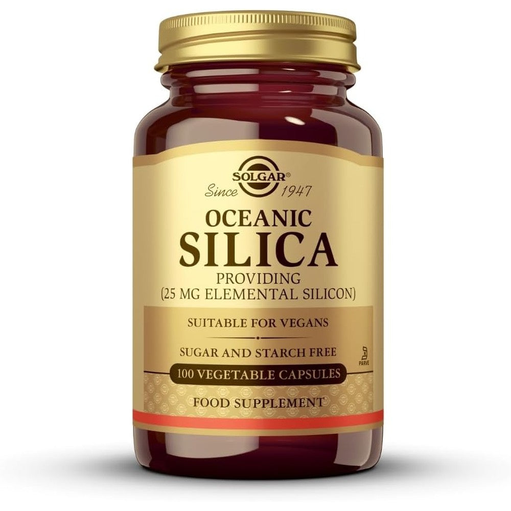 Solgar Oceanic Silica twenty five milligram fifty vegetable capsules front bottle view showing premium glass packaging.