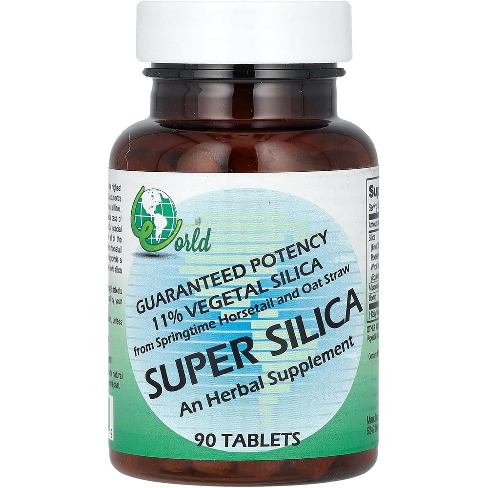World Organic Super Silica 90 tablets front bottle view showing herbal supplement label.