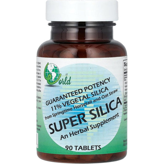 World Organic Super Silica 90 tablets front bottle view showing herbal supplement label.