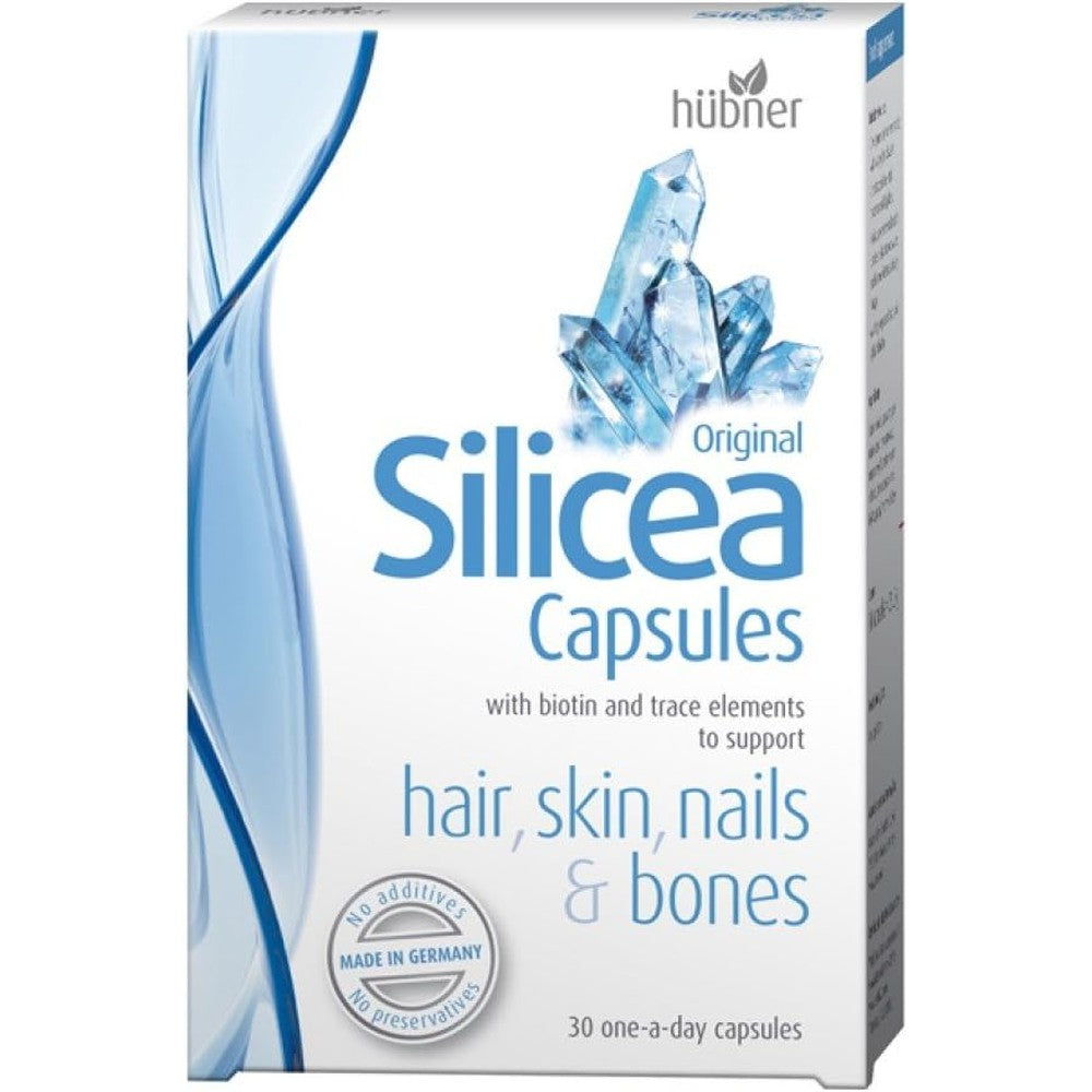 Hubner Silicea Hair Skin Bones and Nails 30 Capsules front view box displaying beauty supplement packaging.