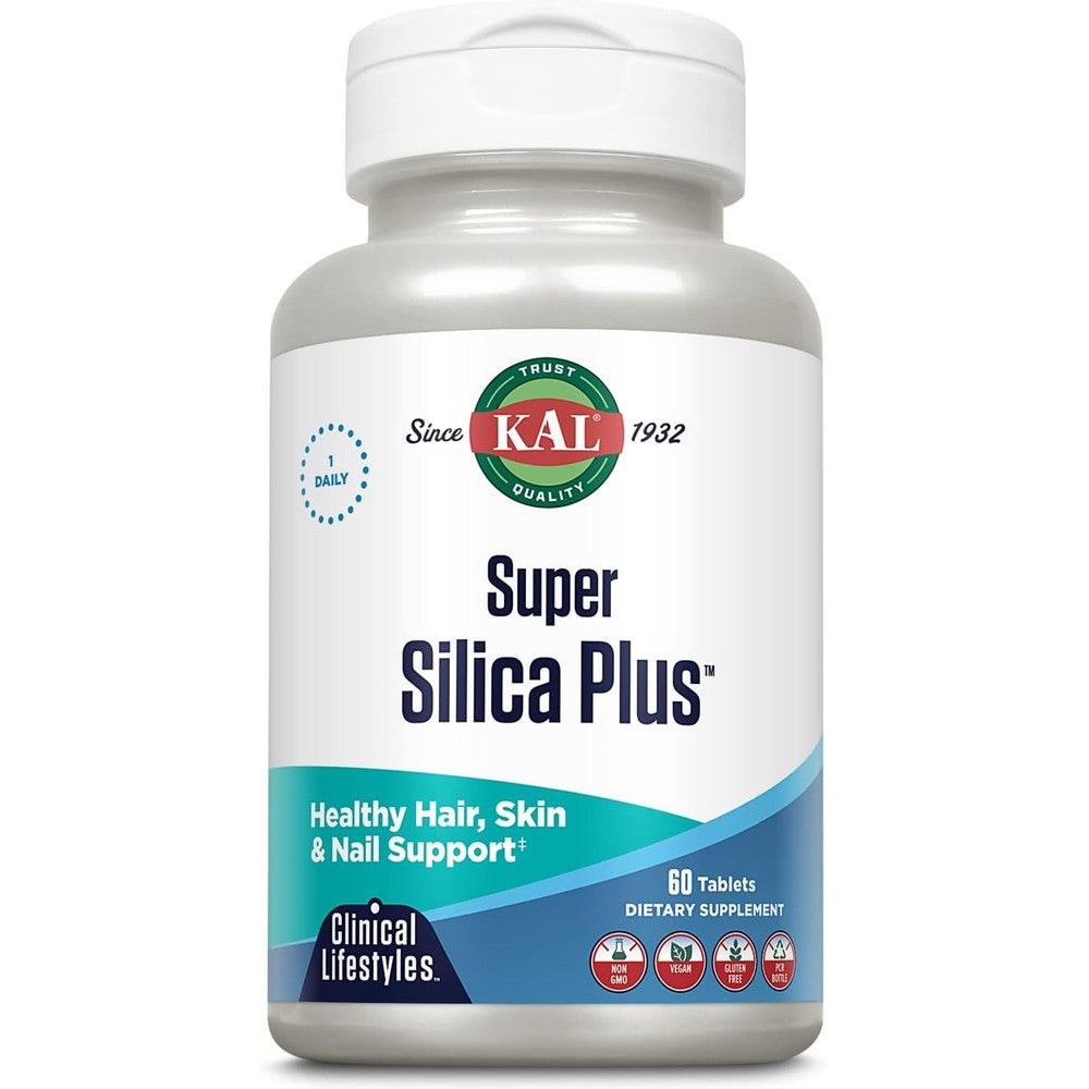 KAL Super Silica Plus 60 tablets front packaging showcasing hair skin and nails support nutritional supplement benefits.