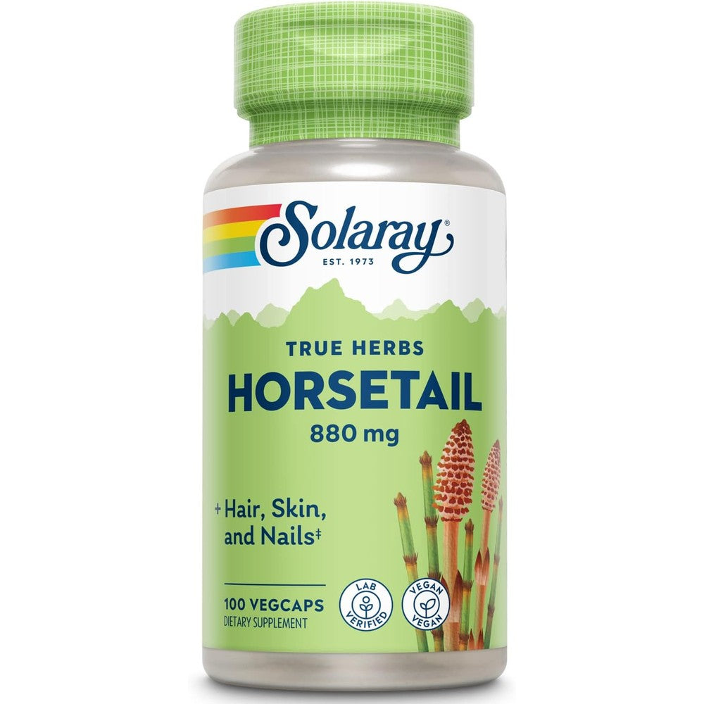 Solaray Horsetail 880mg silica supplement bottle front view for hair and skin