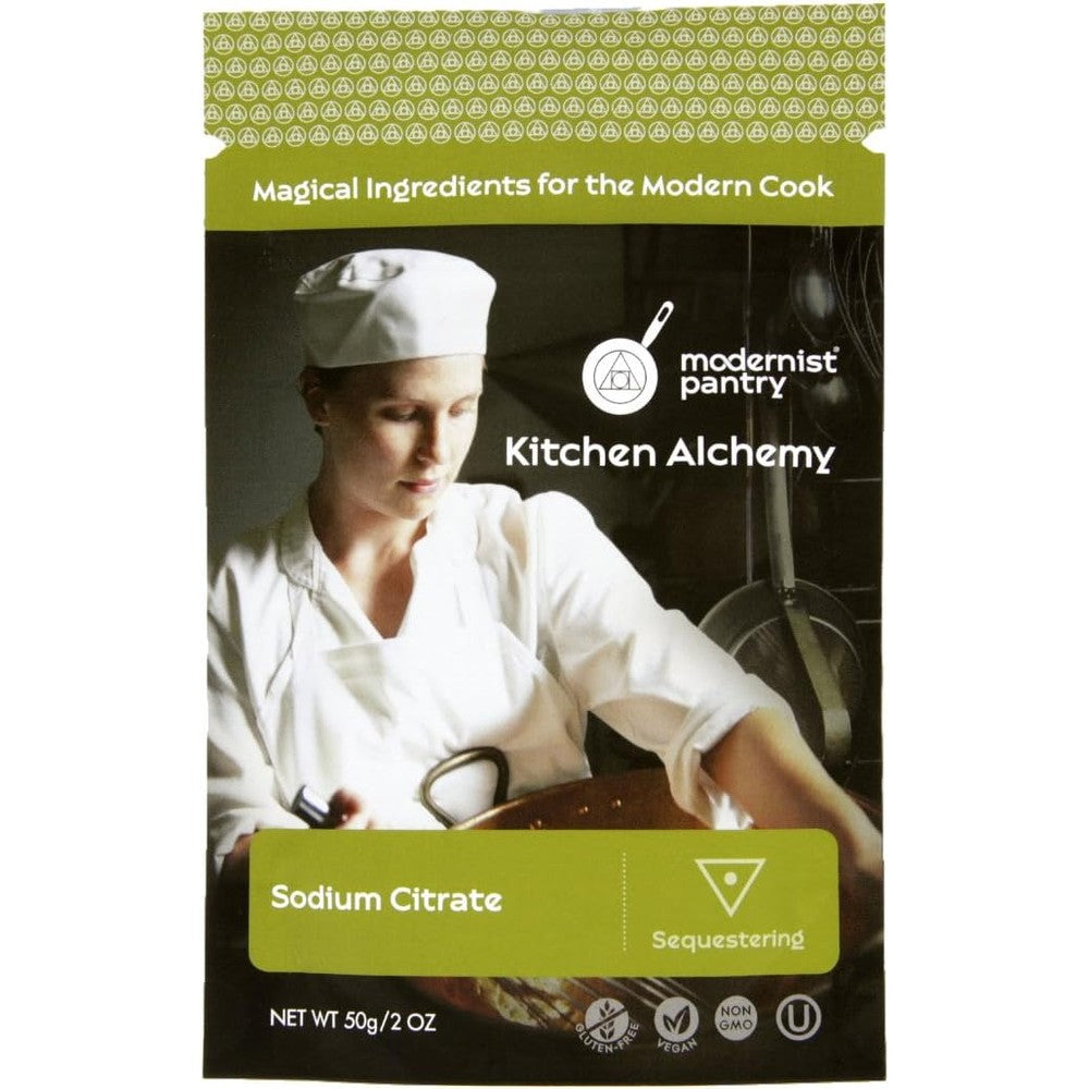 Modernist Pantry Pure Sodium Citrate fifty grams front view package for cheese emulsification.
