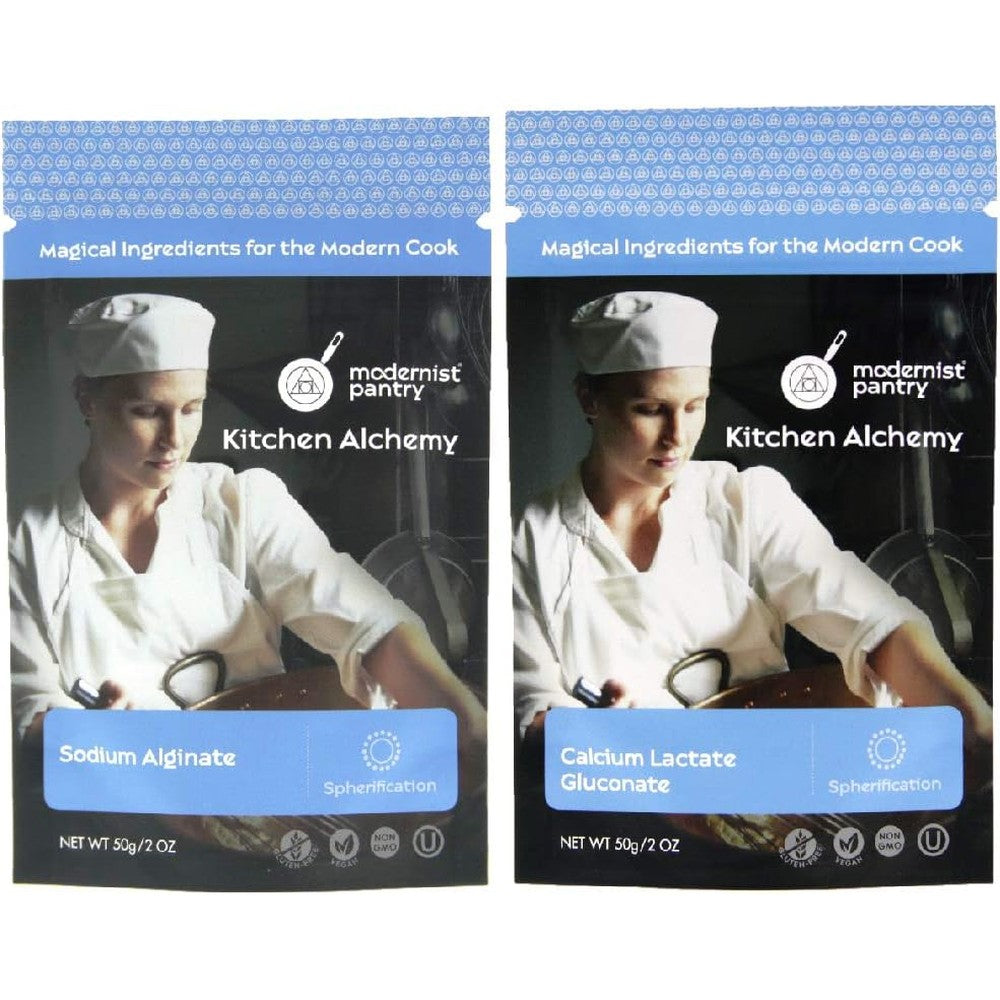 Modernist Pantry Sodium Alginate and Calcium Lactate Gluconate Value Pack front view showcasing the two individual ingredient pouches.