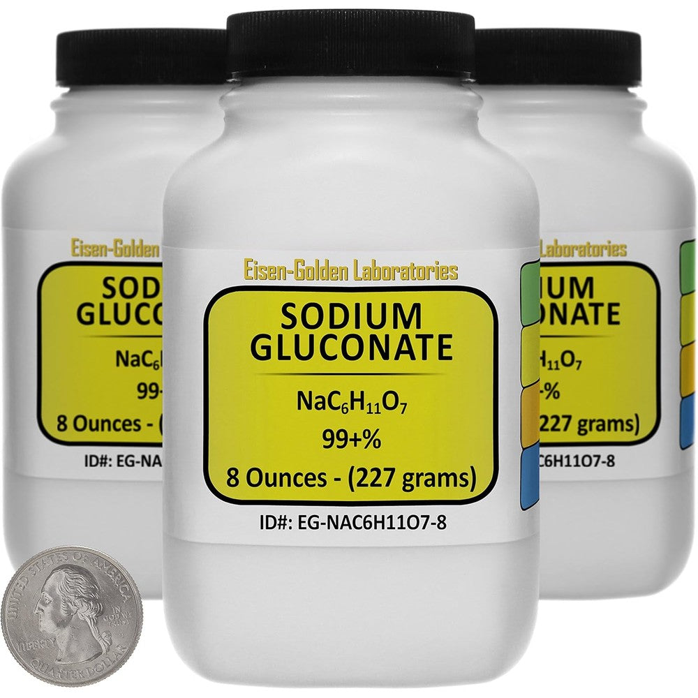 Eisen-Golden Laboratories Sodium Gluconate front view of three space-saver bottles for cosmetic formulation.