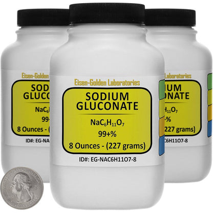 Eisen-Golden Laboratories Sodium Gluconate front view of three space-saver bottles for cosmetic formulation.