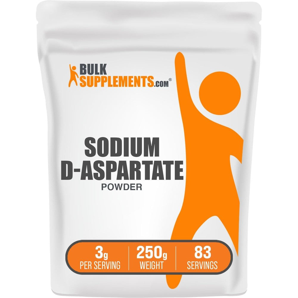 BulkSupplements Sodium D-Aspartate Powder front view packaging showing electrolyte supplement details.