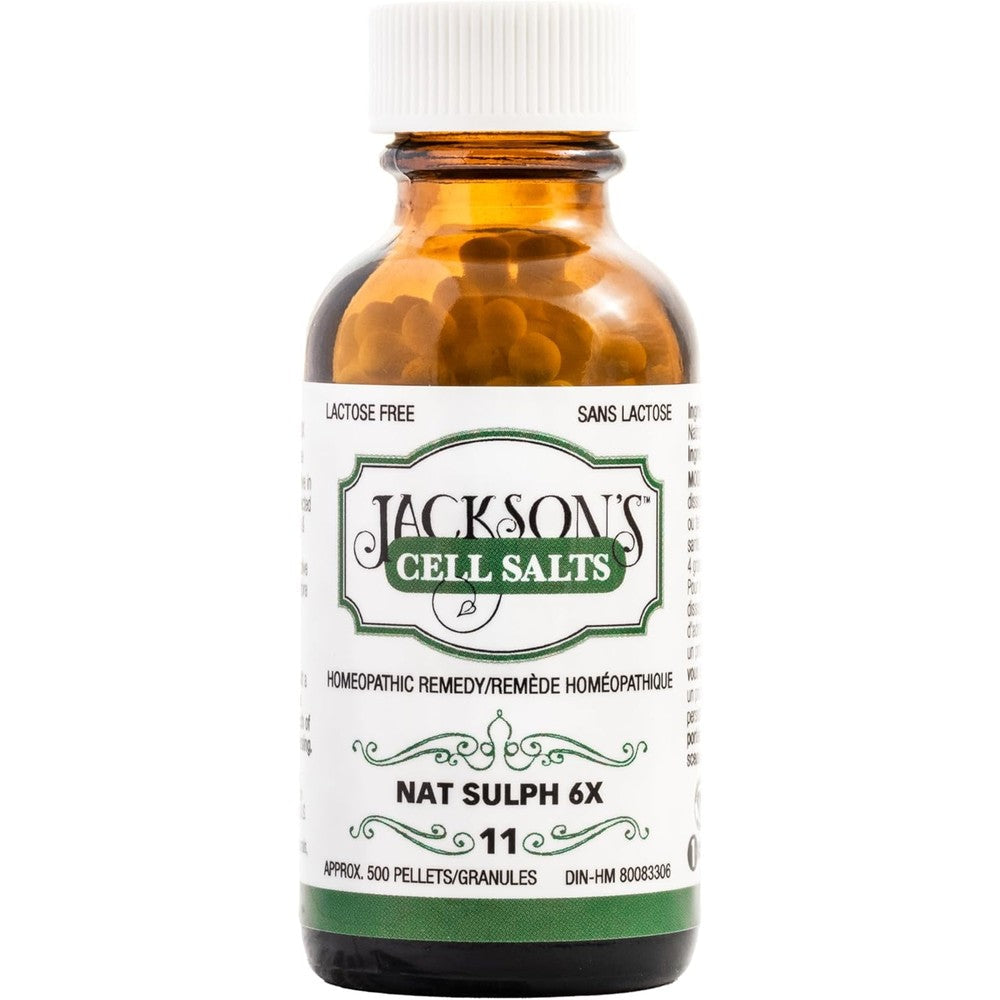 Jackson's Number 11 Cell Salt Natrum Sulphuricum 6X front view of amber glass bottle for water retention relief