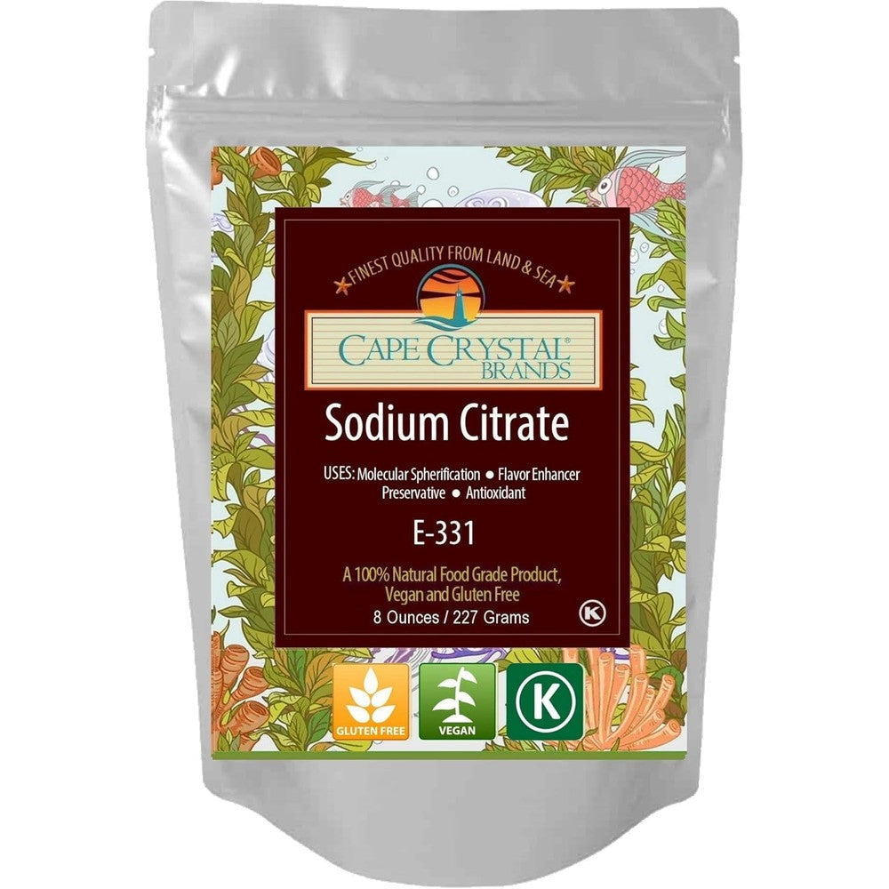 Cape Crystal Sodium Citrate food grade powder eight Ounce pouch front view for modernist cooking.