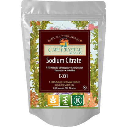 Cape Crystal Sodium Citrate food grade powder eight Ounce pouch front view for modernist cooking.