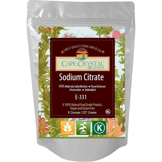 Cape Crystal Sodium Citrate food grade powder eight Ounce pouch front view for modernist cooking.