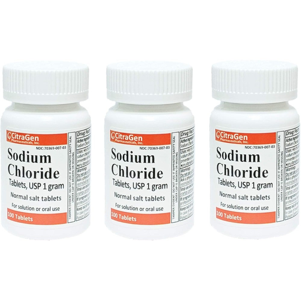 CitraGen Sodium Chloride 1 Gram USP 300 tablets bottle front view showcasing the blue and white label detailing the electrolyte replenisher information.