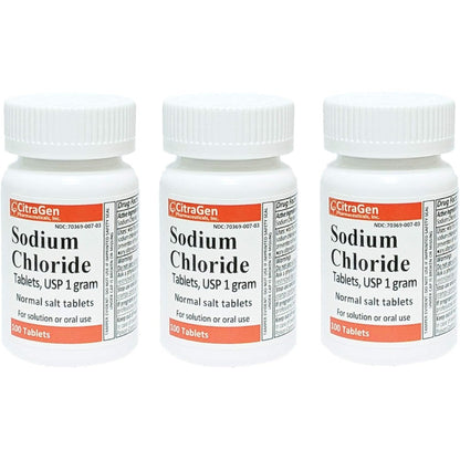 CitraGen Sodium Chloride 1 Gram USP 300 tablets bottle front view showcasing the blue and white label detailing the electrolyte replenisher information.