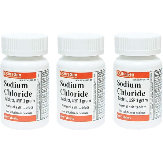 CitraGen Sodium Chloride 1 Gram USP 300 tablets bottle front view showcasing the blue and white label detailing the electrolyte replenisher information.