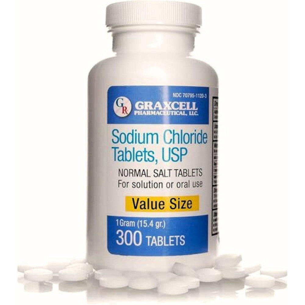 Graxcell sodium chloride tablets 300 count bottle front view for electrolyte replenishment