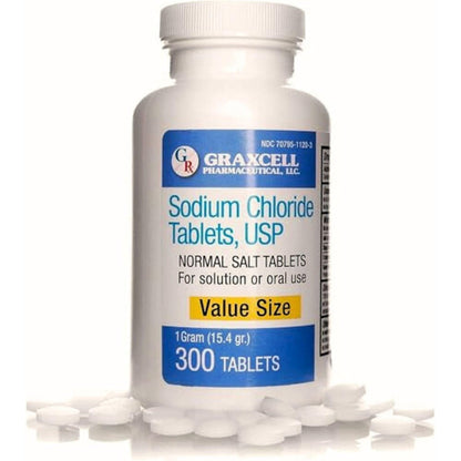 Graxcell sodium chloride tablets 300 count bottle front view for electrolyte replenishment