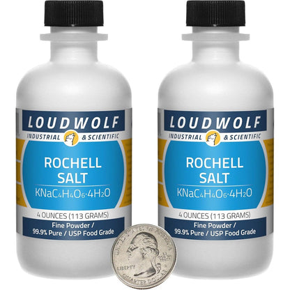 Loudwolf Rochelle Salt fine powder in two durable polypropylene plastic bottles and plastic beverage container
