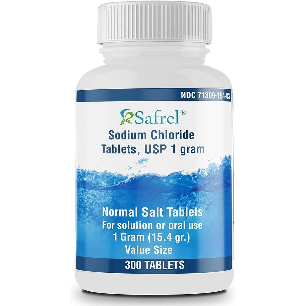 Safrel Sodium Chloride Tablets 1 Gram front view showing the 300 count bottle layout for hydration support.