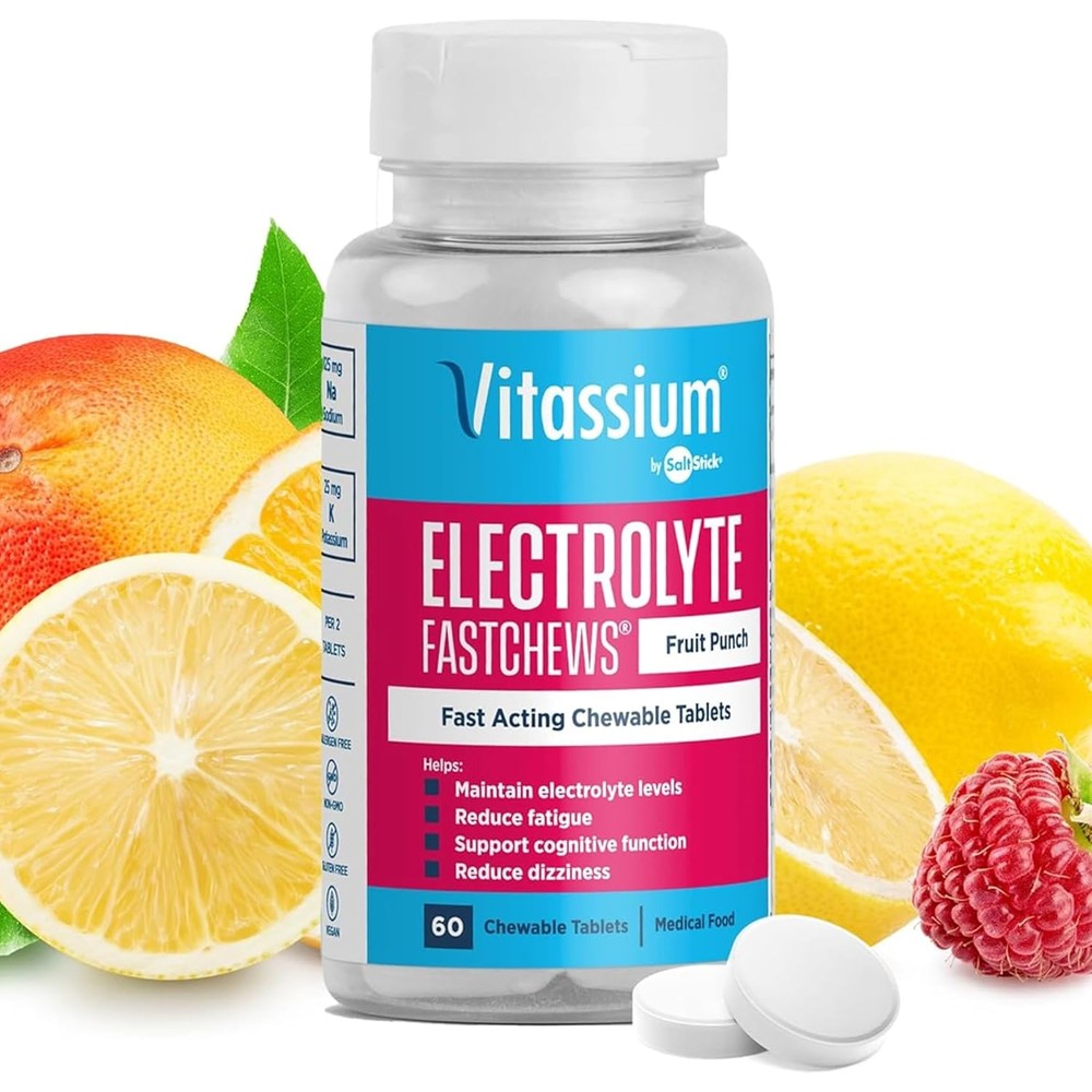 Vitassium FastChews Fruit Punch 60 Chewable Tablets front view showing packaging and electrolyte benefits