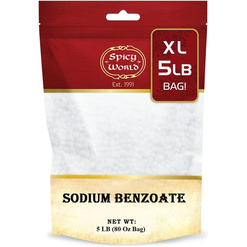 Spicy World Sodium Benzoate 5 Pound front view pure food preservative powder.