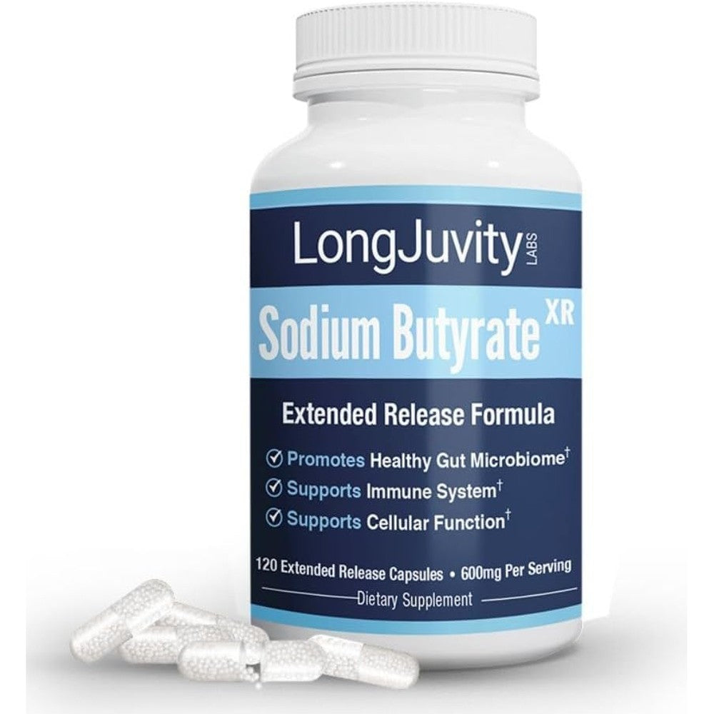 LongJuvity Labs Sodium Butyrate 300mg supplement bottle front view showcasing genuine USA packaging.