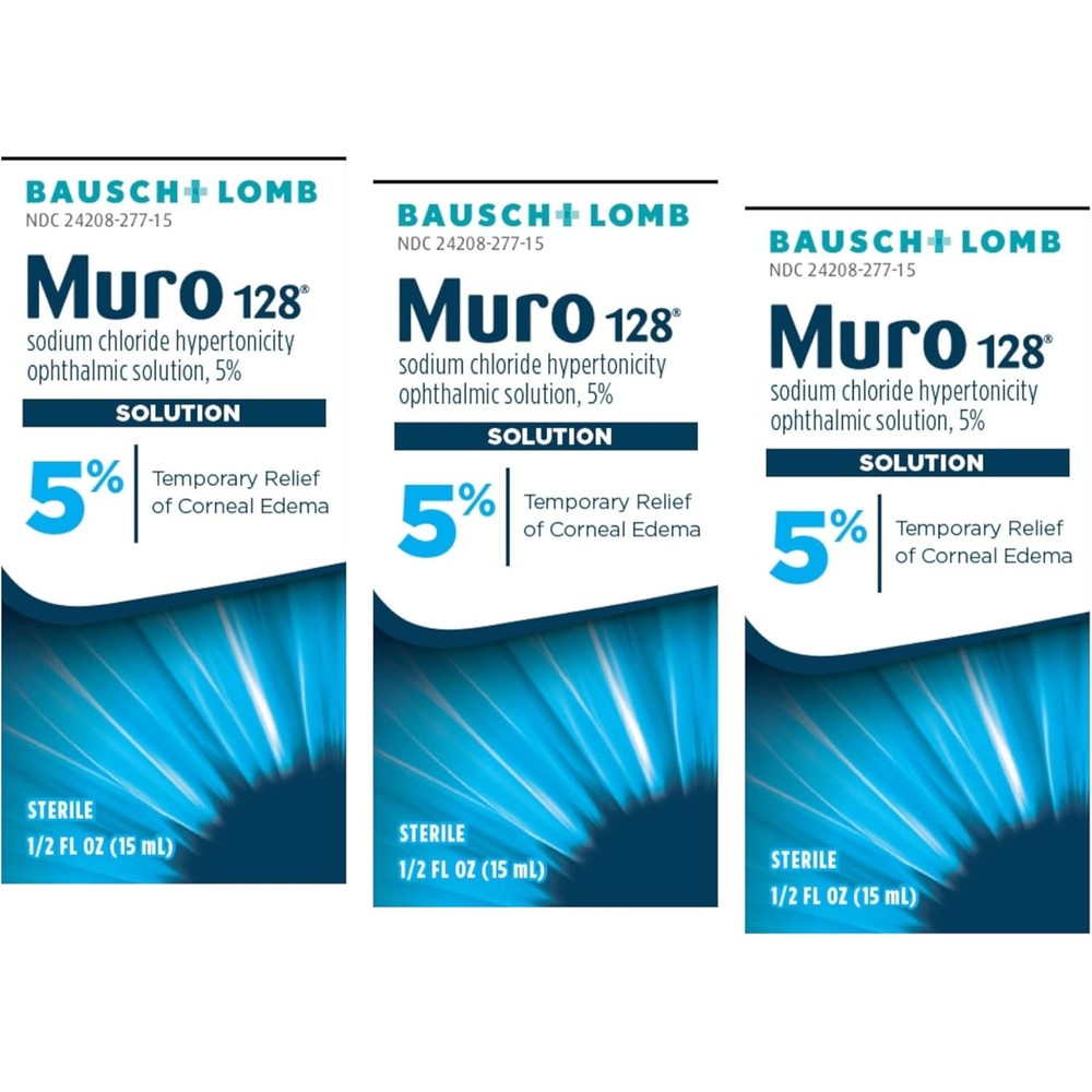 Bausch + Lomb Muro 128 5% Sodium Chloride Eye Drops front view of the 3 pack packaging
