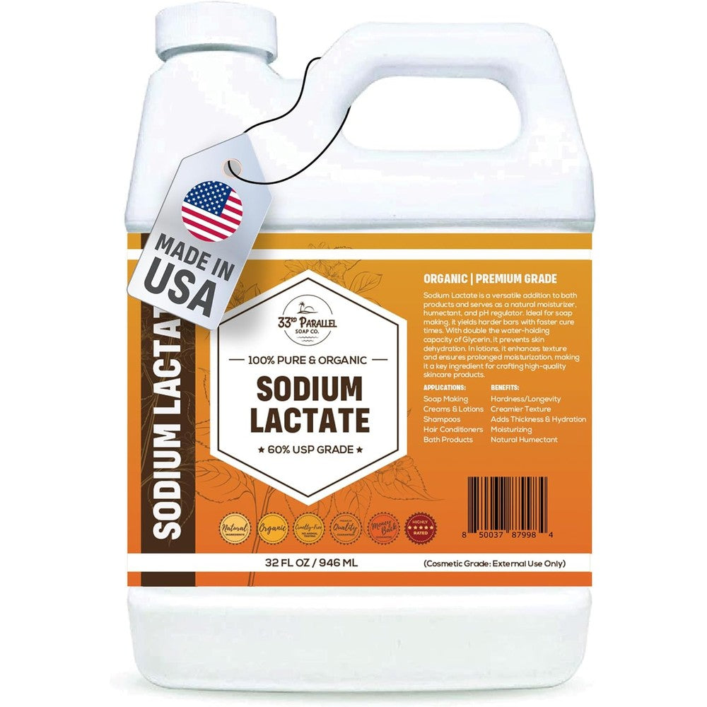 33rd Parallel Soap Co Sodium Lactate 32 Ounce bottle front view for premium DIY soap crafting ingredients.