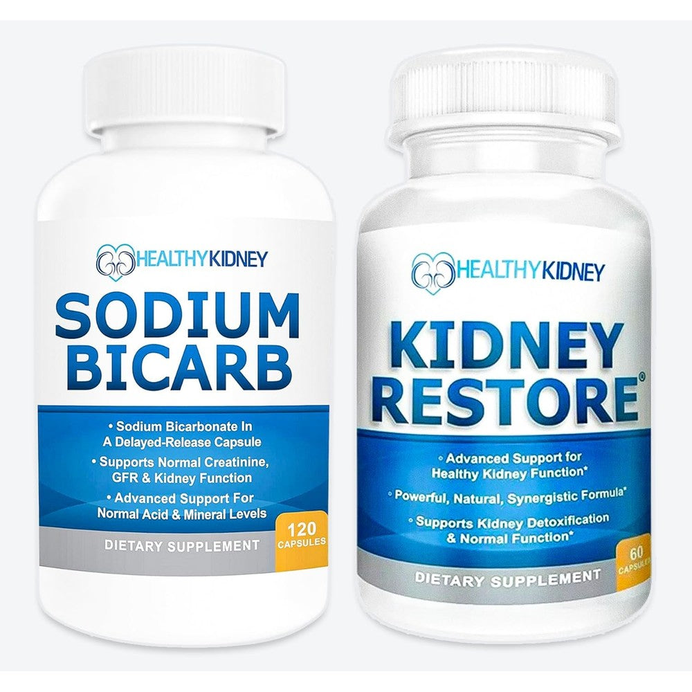 Kidney Restore and Sodium Bicarbonate two pack natural supplement front packaging for kidney cleanse support.