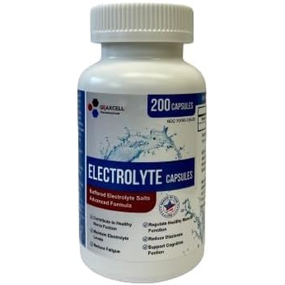 Graxcell Electrolyte Capsules 200 Count front view bottle for hydration recovery