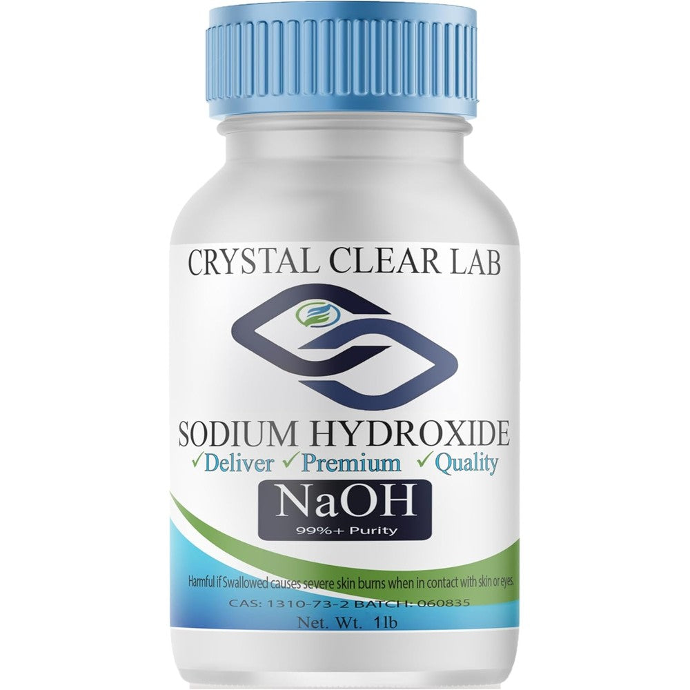 Crystal Clear Lab Sodium Hydroxide Food Grade Caustic Soda Beads 2 Pounds front view bottle for soap making.