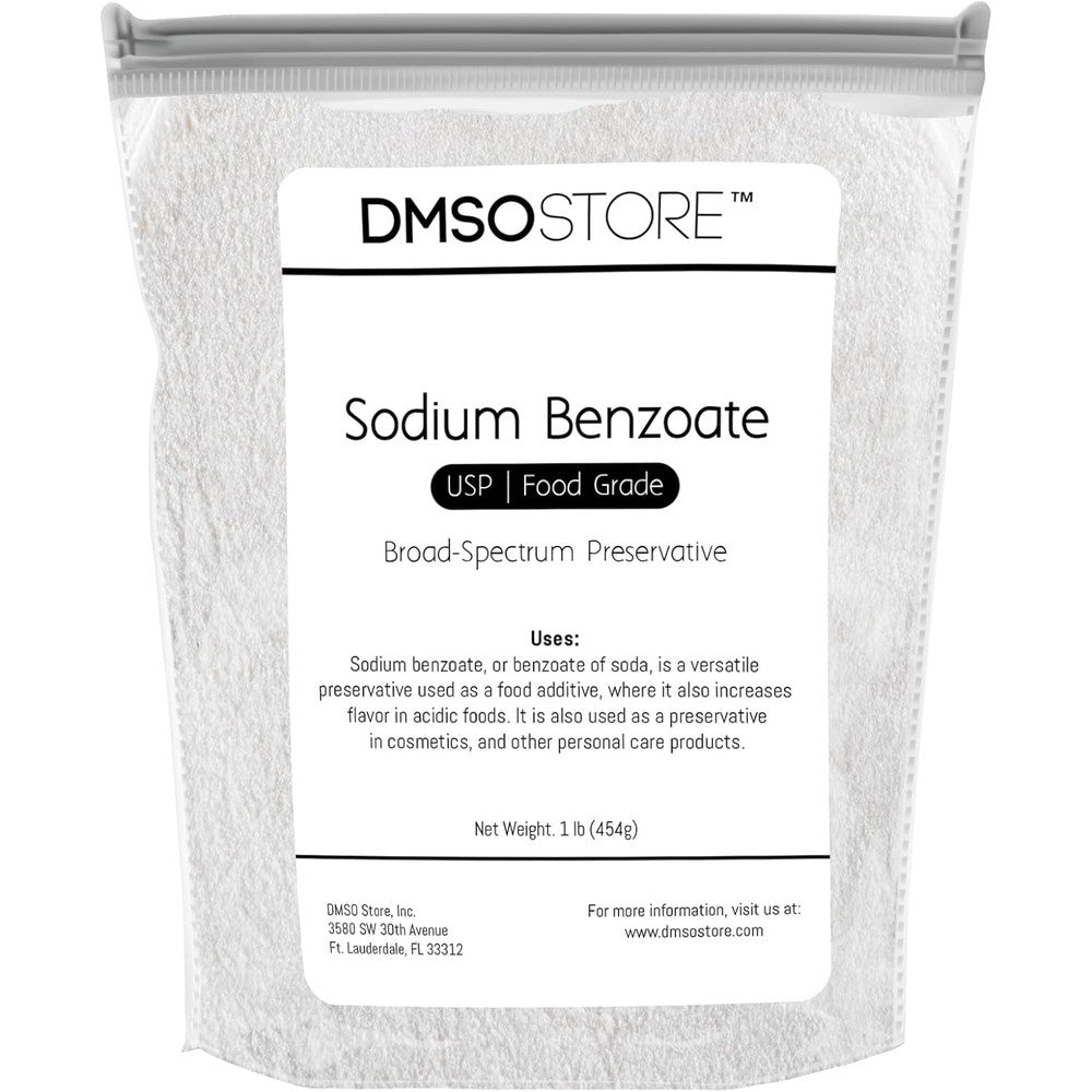DMSOSTORE sodium benzoate powder one pound pouch front view for DIY cosmetics