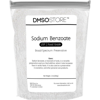 DMSOSTORE sodium benzoate powder one pound pouch front view for DIY cosmetics