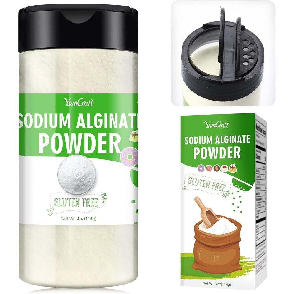 YumCraft Sodium Alginate Powder four ounce container front view showcasing the pure food grade thickener packaging.