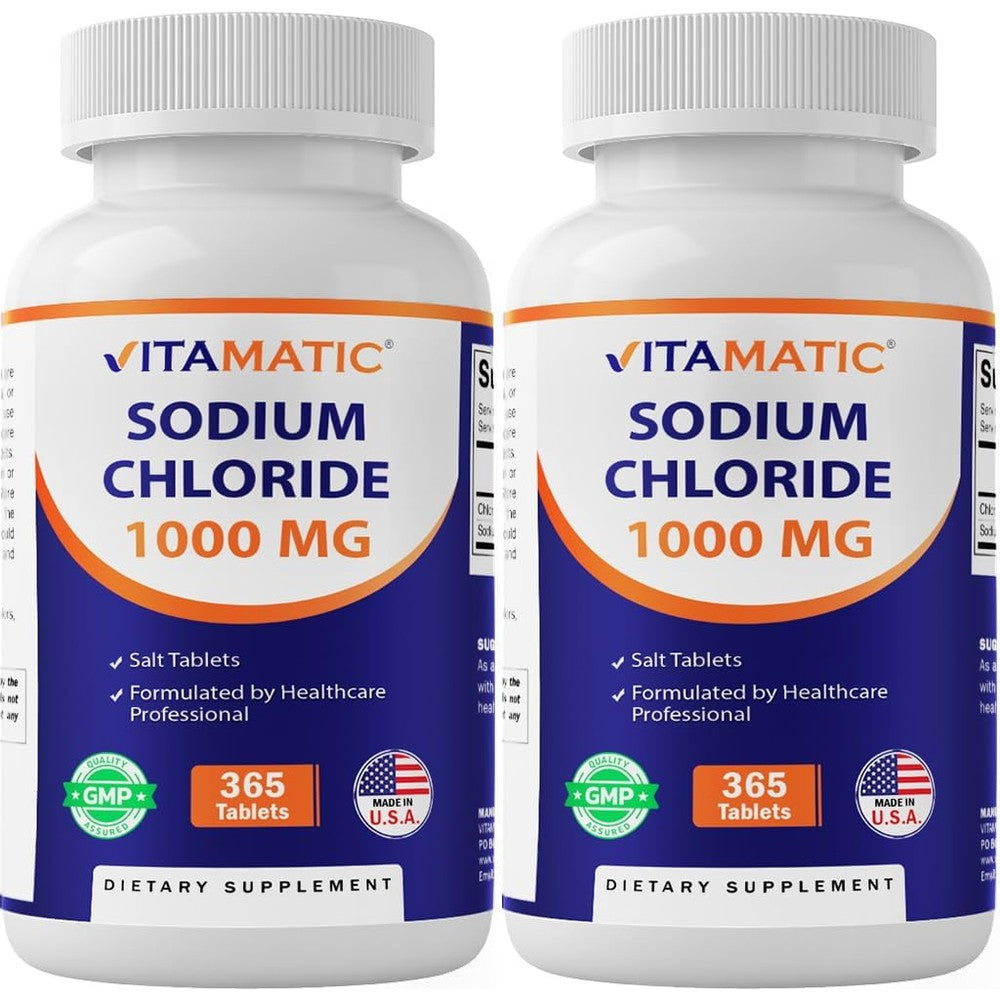 Vitamatic Sodium Chloride 1000mg electrolyte tablets front view bottle packaging.
