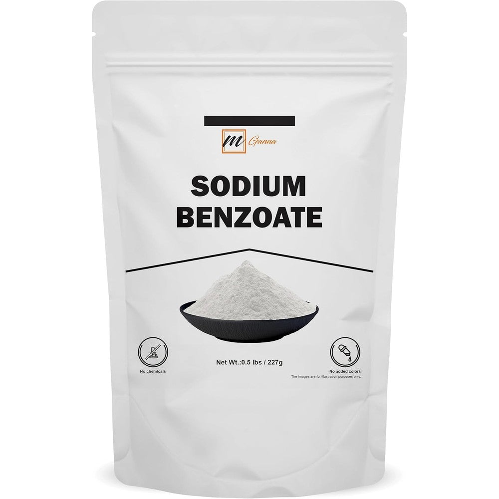 mGanna Sodium Benzoate Powder 227 grams front view of resealable stand up pouch premium food preservative