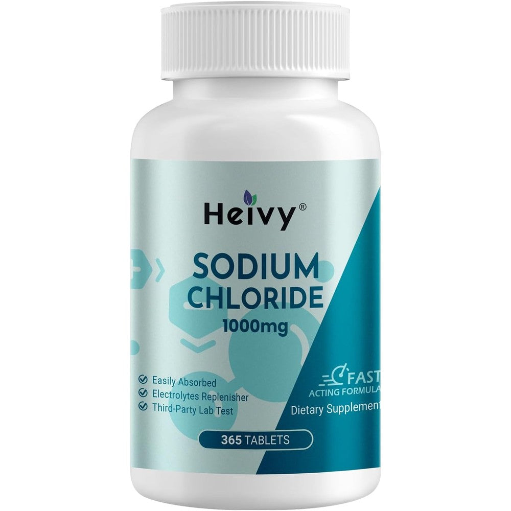 Heivy Sodium Chloride 1000mg hydration tablets front bottle view for electrolyte replenishment