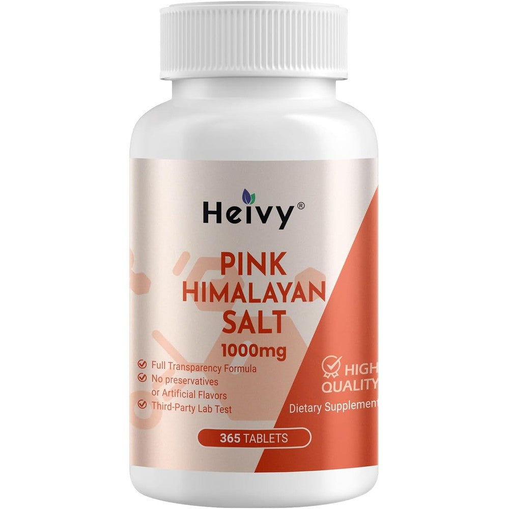 Heivy Pink Himalayan Salt 1000mg Electrolyte Tablets bottle front view showing product labels and vegan capsule details.