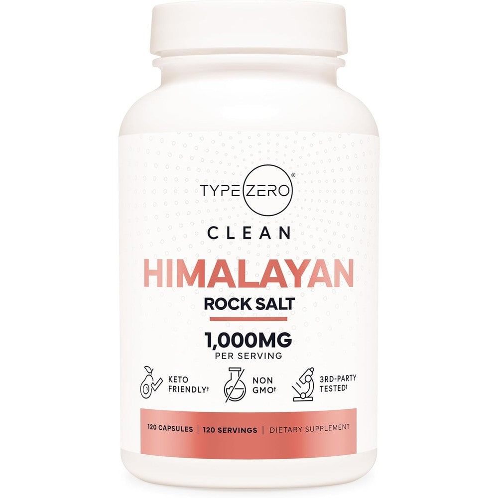 Type Zero Himalayan Pink Rock Salt 120 capsules bottle front view showing 1000mg supplement label.