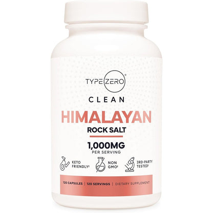 Type Zero Himalayan Pink Rock Salt 120 capsules bottle front view showing 1000mg supplement label.