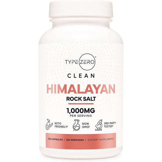 Type Zero Himalayan Pink Rock Salt 120 capsules bottle front view showing 1000mg supplement label.