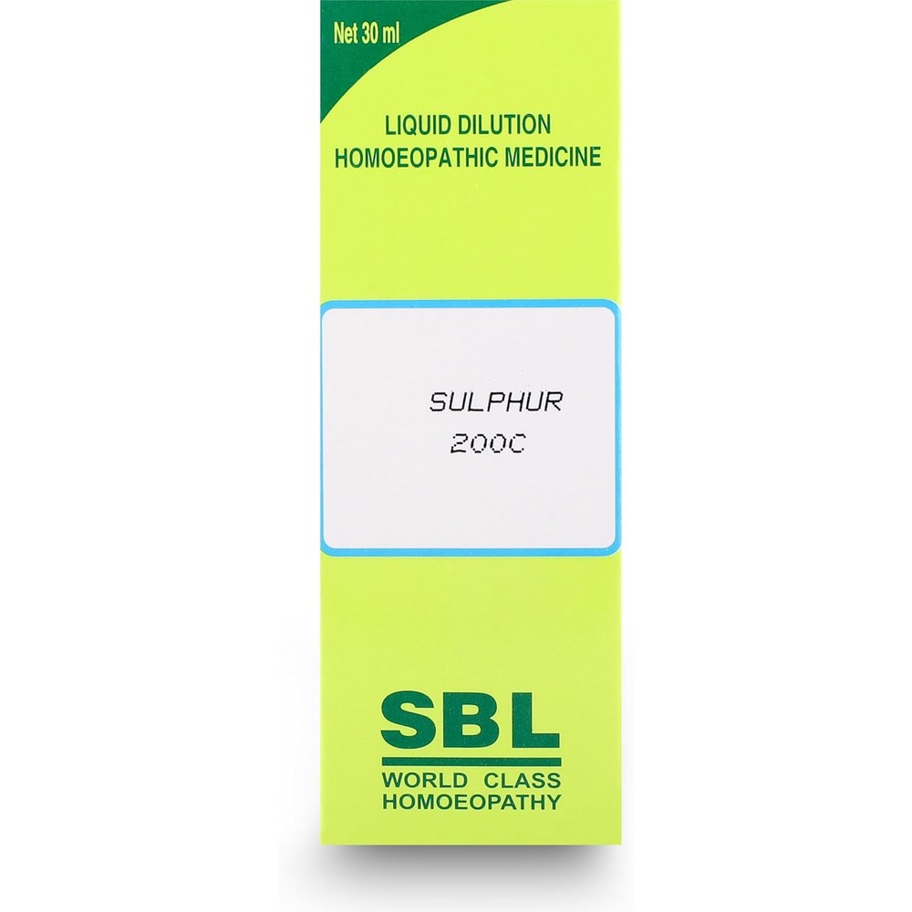 Happy Heal SBL Sulphur 200 CH liquid dilution 30 milliliter bottle front view for homeopathic skin and digestive relief.