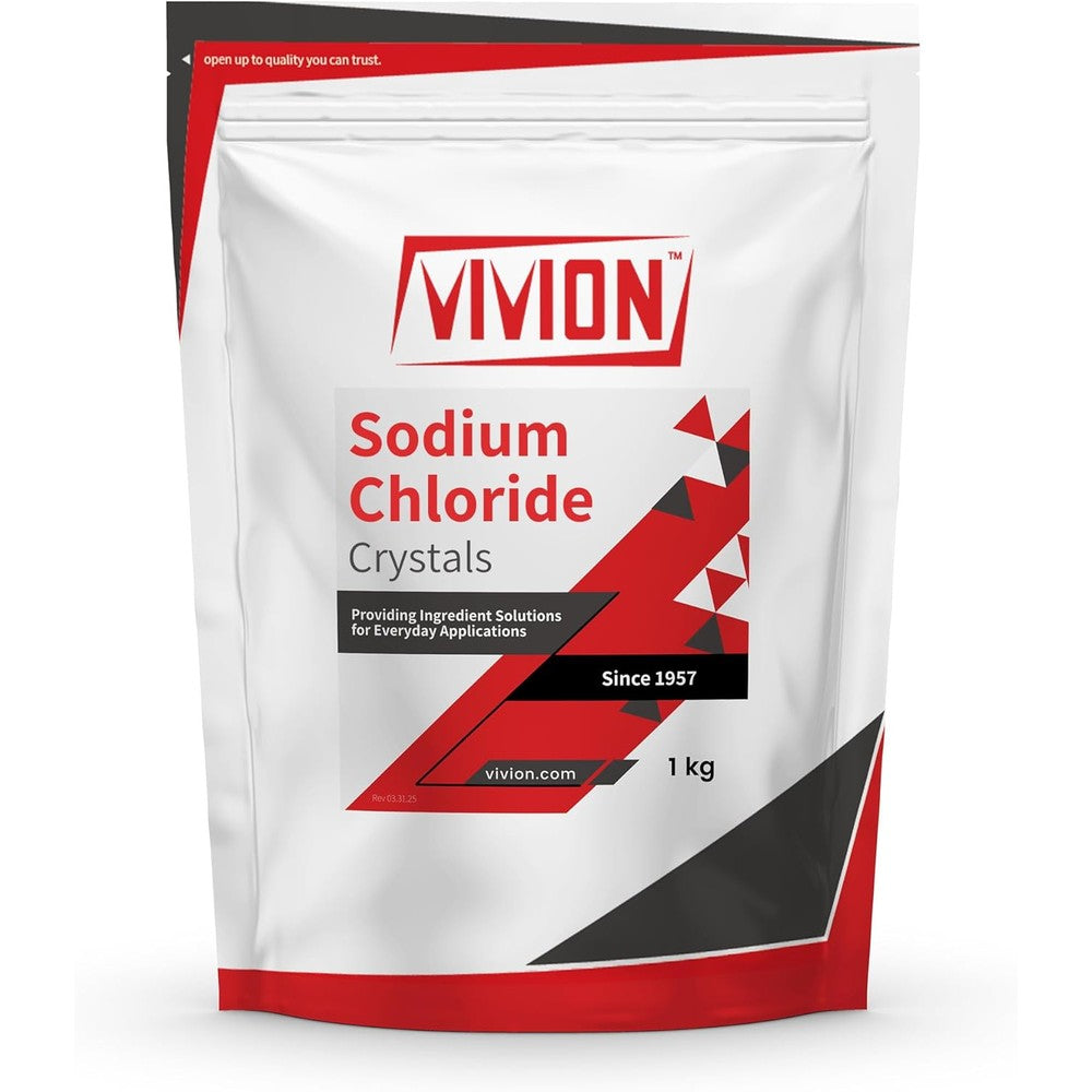 Vivion Sodium Chloride USP Pharmaceutical Grade 1 Kilogram front view showing product packaging.