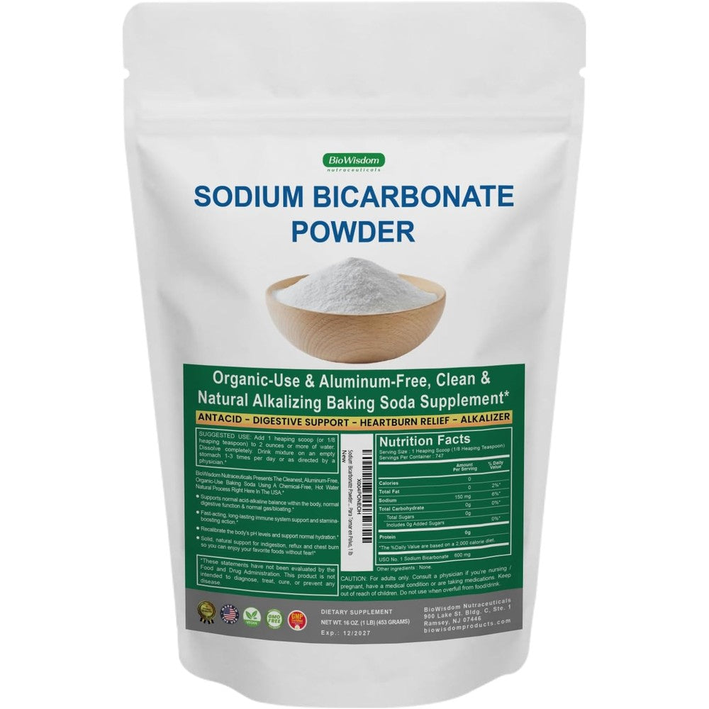BioWisdom Nutraceuticals Sodium Bicarbonate Powder front view premium digestive health supplement.