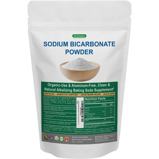 BioWisdom Nutraceuticals Sodium Bicarbonate Powder front view premium digestive health supplement.