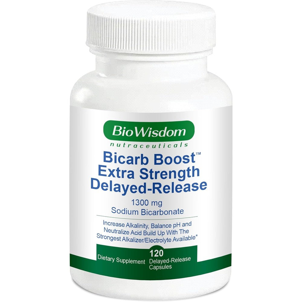 BioWisdom Nutraceuticals Bicarb Boost Sodium Bicarbonate 1300mg front view bottle containing 120 delayed release capsules