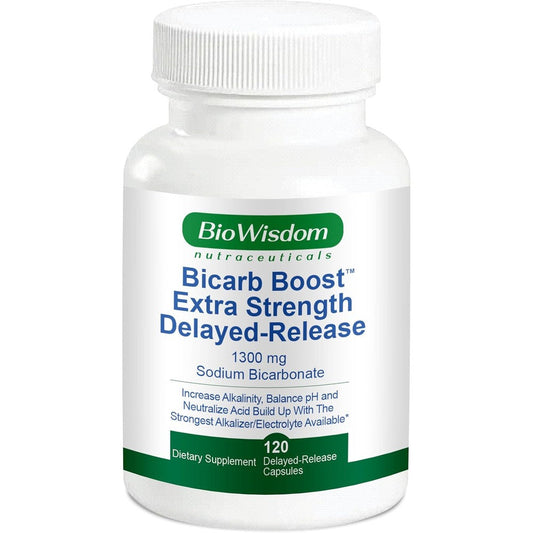 BioWisdom Nutraceuticals Bicarb Boost Sodium Bicarbonate 1300mg front view bottle containing 120 delayed release capsules